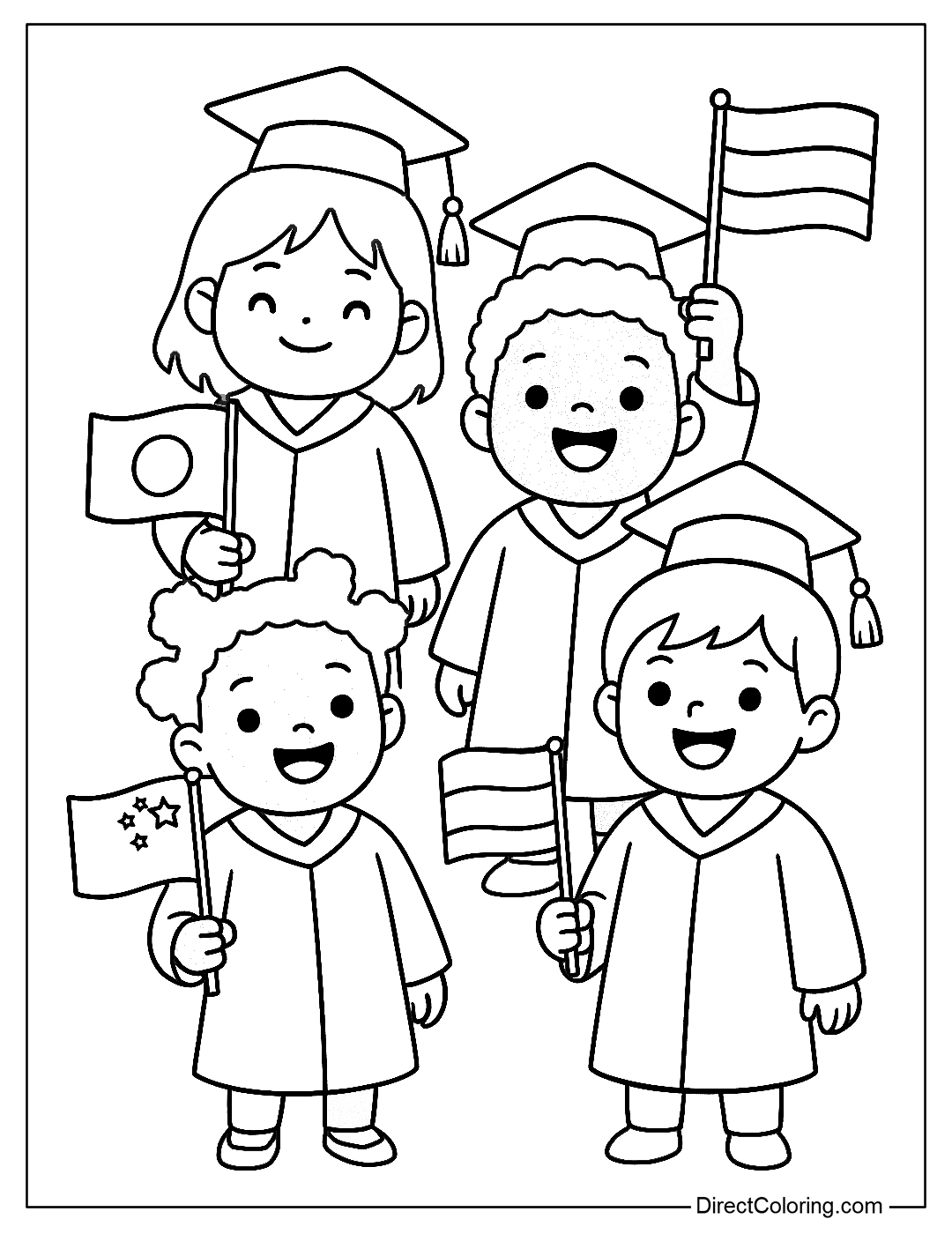 a coloring page of cartoon characters from many countries wearing graduation gowns, holding flags and caps
